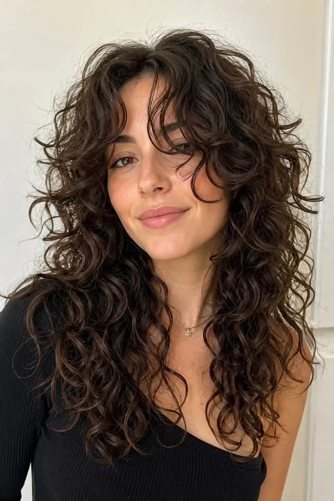 a woman with naturally curly hair wearing a curly wolf cut with soft curtain bangs, featuring voluminous layered curls, healthy shine, and face-framing texture in bright natural daylight against a neutral ivory background.