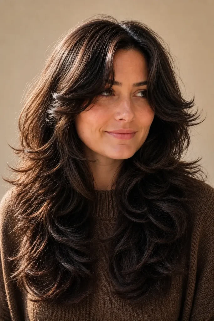 a woman with a thick wavy wolf cut, curtain bangs, and glossy layered hair in natural daylight.