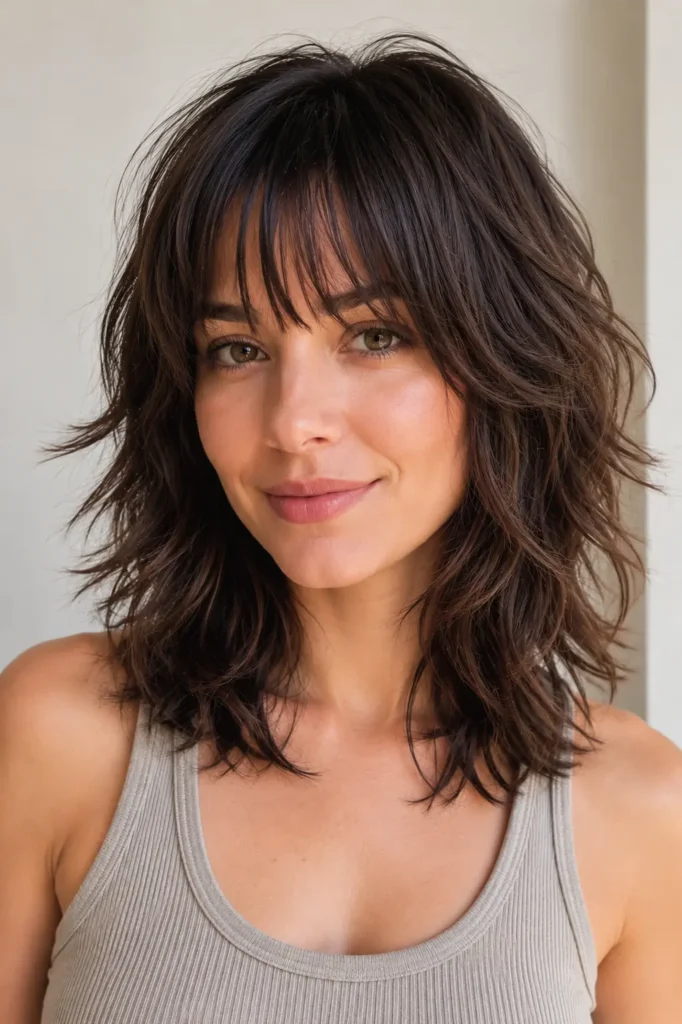 a woman with a shoulder-length wavy wolf cut featuring soft see-through bangs, feathered layers, and glossy textured waves, photographed in bright natural daylight against a neutral cream background.