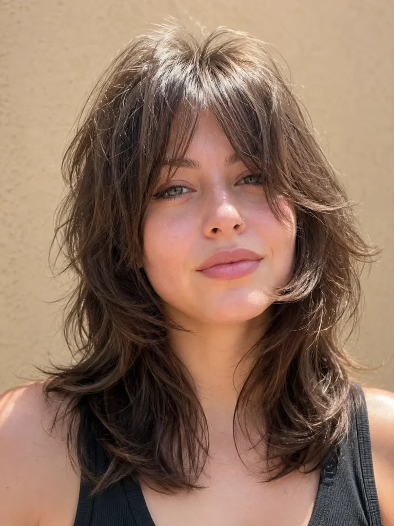 a woman with a feathered wolf cut and wispy curtain bangs, showcasing glossy layered hair with airy texture in bright natural daylight against a neutral beige background.