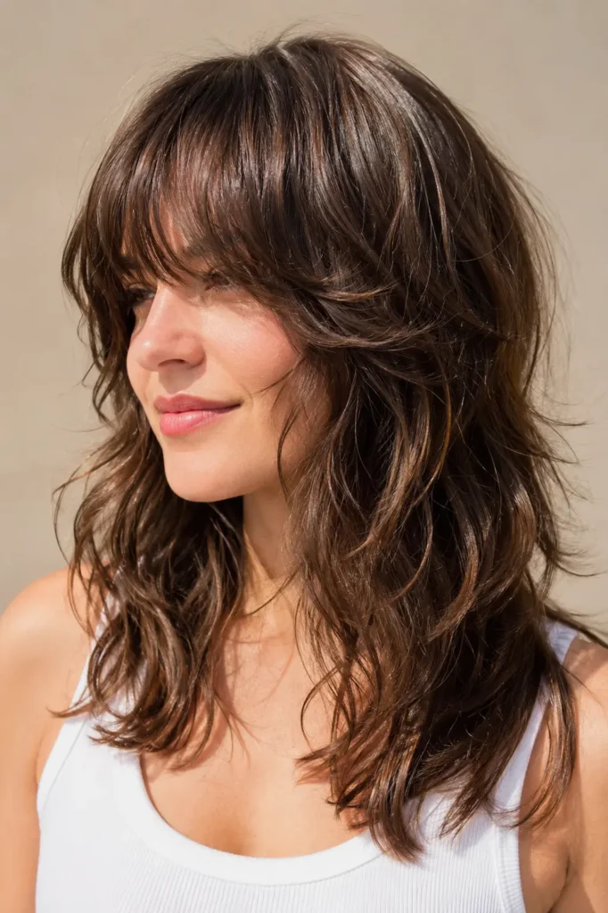 woman with a mid-length wavy wolf cut featuring a layered fringe, feathered layers, soft natural waves, and healthy glossy hair, photographed in bright daylight against a neutral beige background with the hairstyle as the main focus.