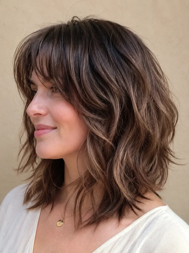 a shoulder-length wavy wolf cut for fine hair, featuring soft face-framing bangs, feathered layers, and glossy natural waves
