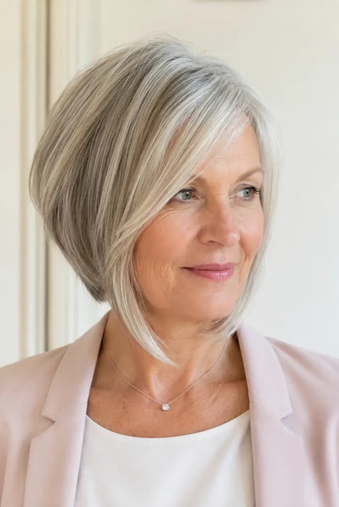 Angled gray bob haircut on a mature English woman featuring longer front layers, shorter back shape, natural silver tones, smooth texture, and soft volume.