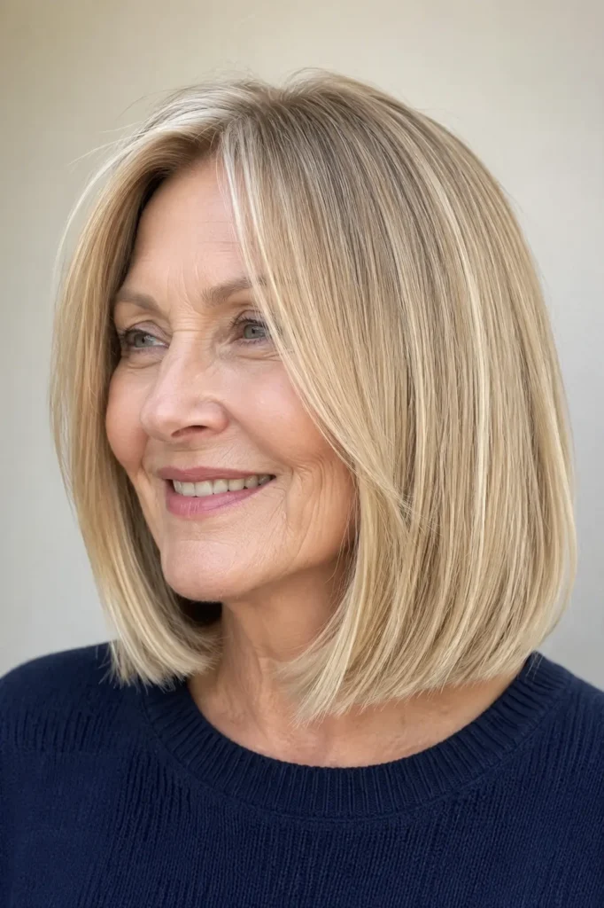 a mature English woman with a sleek blunt shoulder-length haircut, silky shiny hair, authentic skin, navy knit top, and an ivory background in bright natural daylight.
