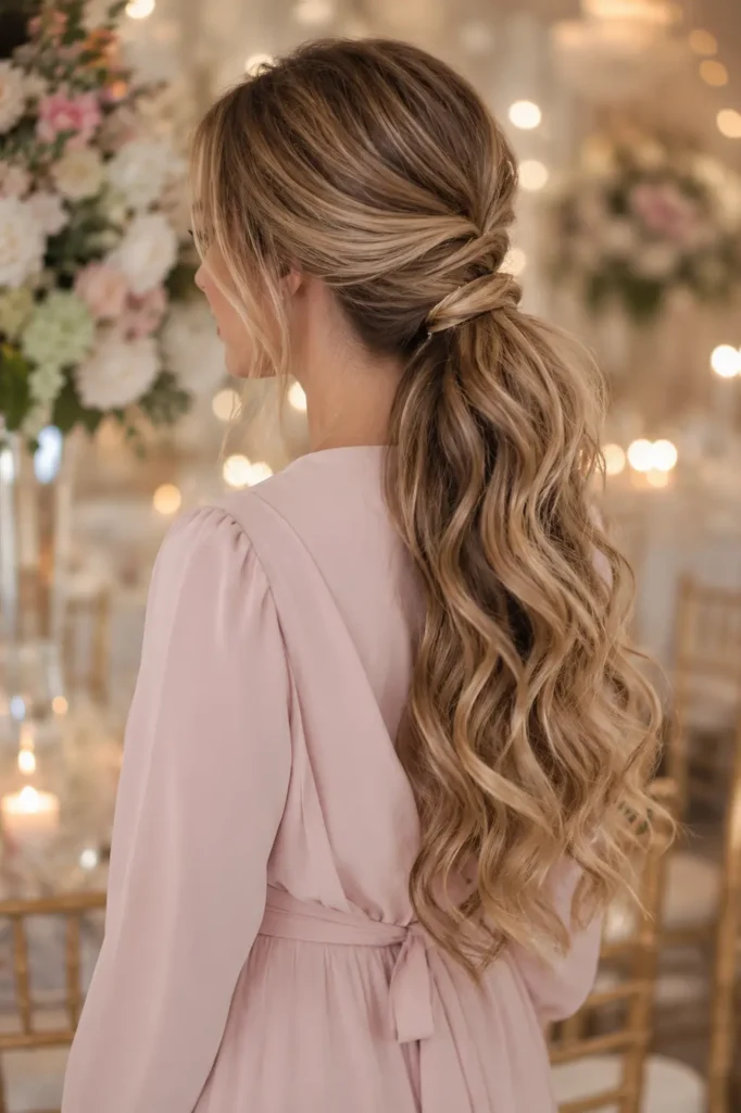 a white woman wearing a low ponytail with long, soft cascading waves that showcase defined curls, natural volume, and glossy texture. She is dressed in a blush pink wrap-style dress