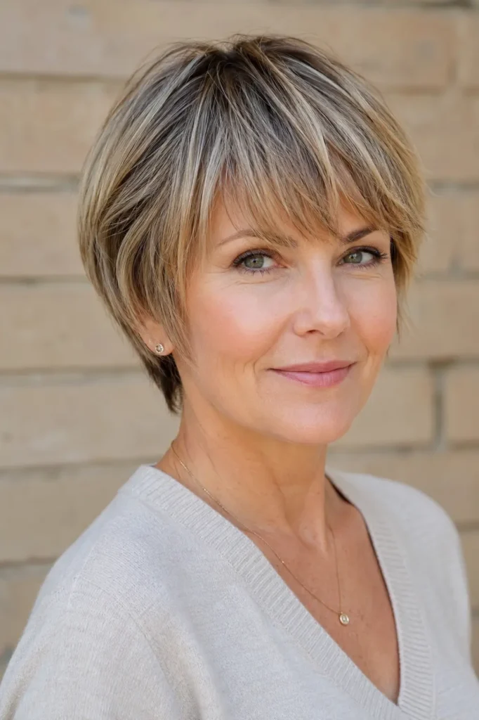 English woman with a short tapered haircut, soft bangs, layered volume, and glossy textured hair in natural daylight.