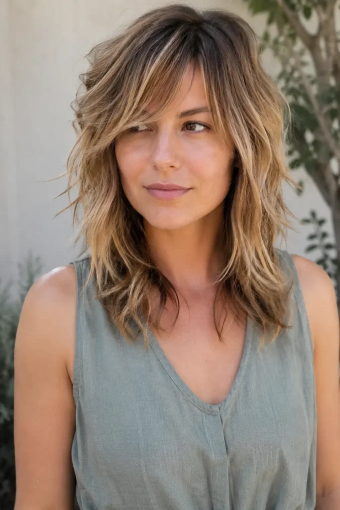 adult white woman with a medium-length dark blonde textured shag haircut, side-swept bangs, choppy face-framing layers, tousled waves, and piecey ends, wearing a sleeveless linen top outdoors in natural daylight.