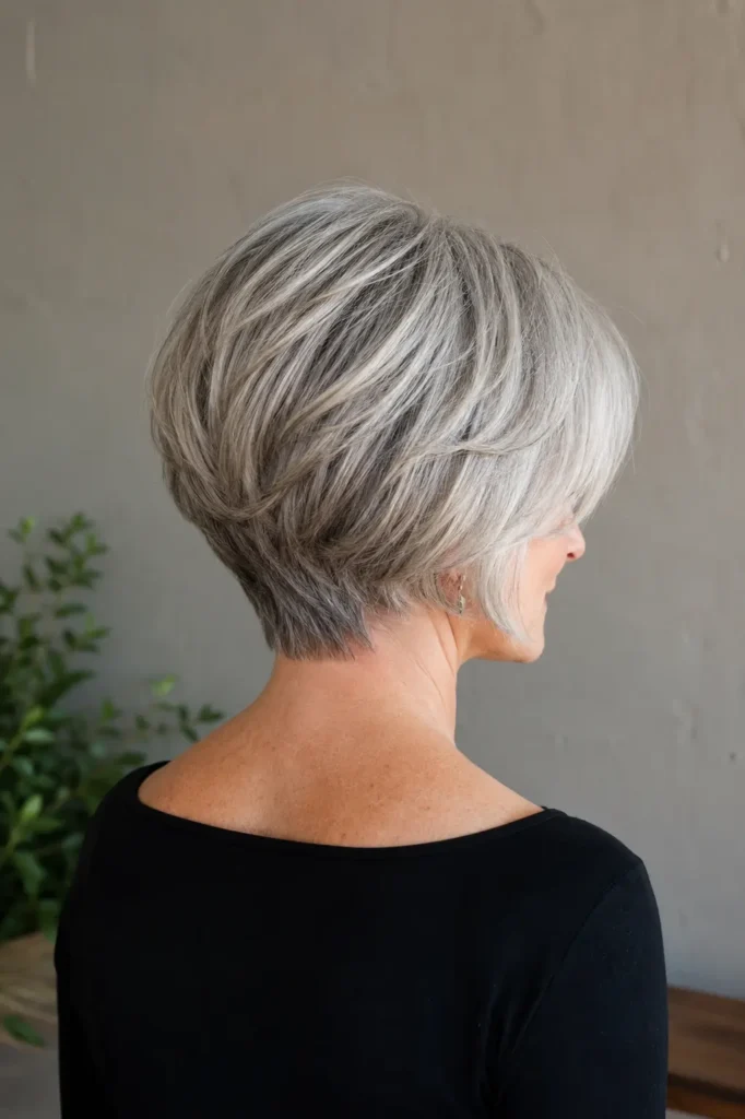 white woman in her early 60s with a voluminous silver stacked bob, graduated layers at the nape and crown, shown from a three-quarter rear view in natural daylight.