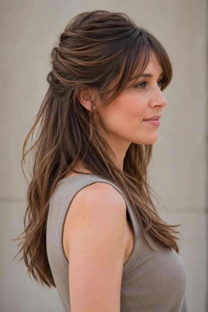 Side-profile portrait of a woman with long medium-brown half-up hair, side-swept bangs, soft crown volume, and naturally textured ends, wearing a sleeveless neutral top.