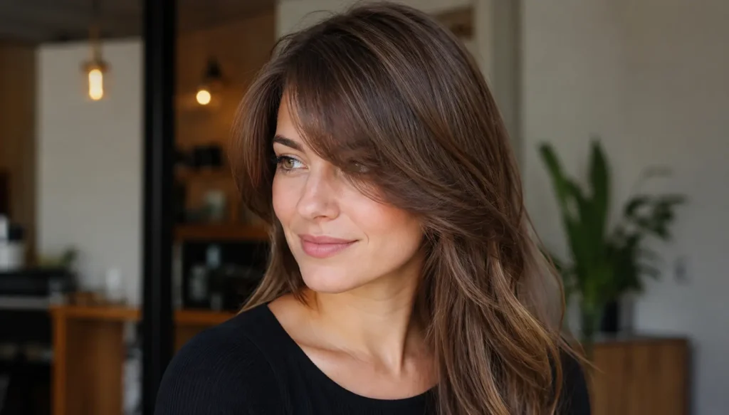 white woman with long brown hair styled with voluminous side-swept bangs, shown in three-quarter view indoors.