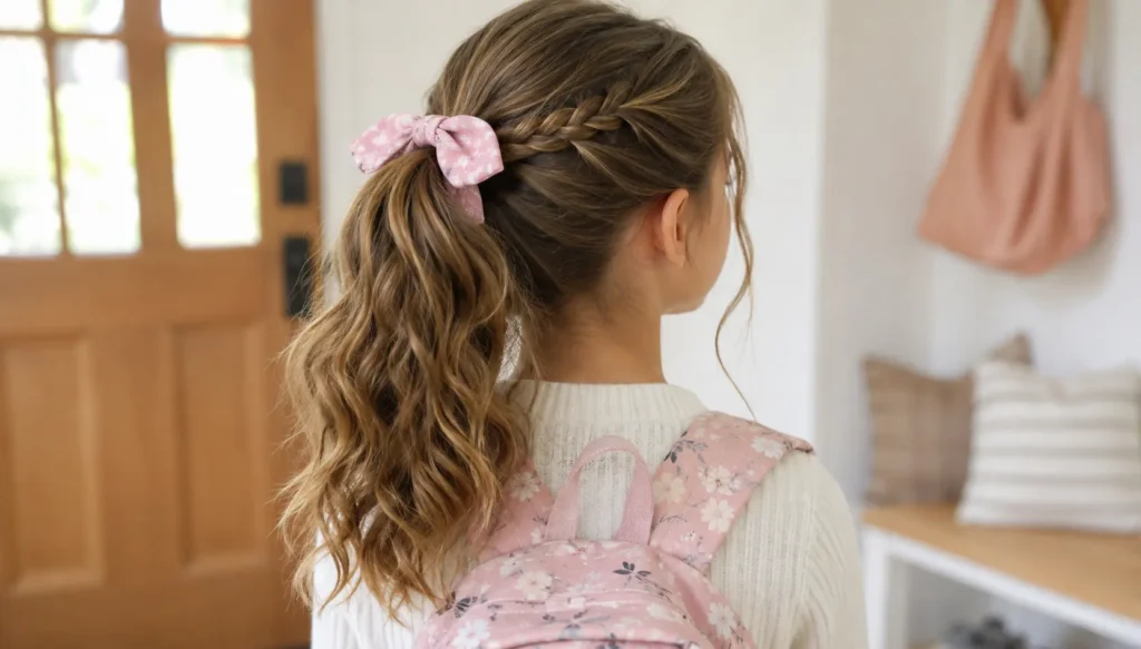 schoolgirl wearing a backpack with a simple braided ponytail hairstyle, photographed indoors in soft natural light, perfect for a back-to-school morning routine.