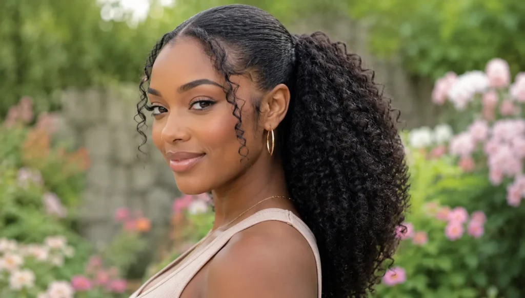 Black woman wearing a sleek high curly ponytail with defined natural curls, laid edges, and soft face-framing tendrils, photographed outdoors in natural light with the hairstyle as the main focus.