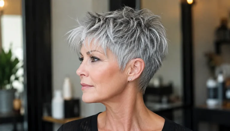Photorealistic close-up of a real older woman with a modern edgy choppy silver-gray pixie haircut, featuring heavily textured layers, tapered sides, and natural mature facial features.