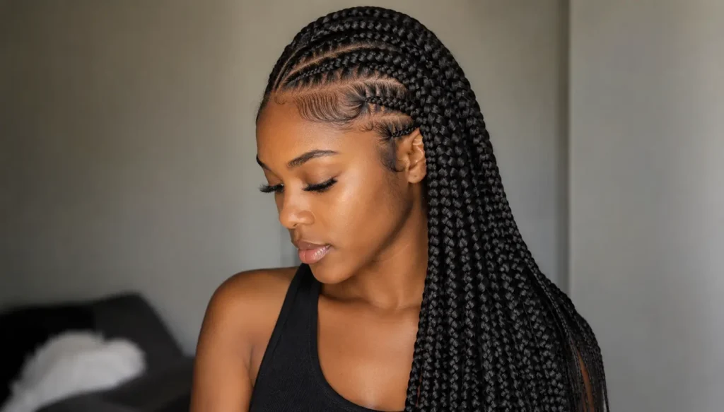 Black woman wearing sleek, waist-length lemonade braids with precise side-swept feed-in cornrows and neatly laid baby hairs, photographed in soft natural light against a blurred indoor background