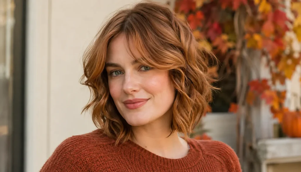 woman wearing a rust-colored sweater with a short wavy copper-brown bob haircut, soft bangs, and natural textured waves, posed outdoors against blurred autumn foliage.