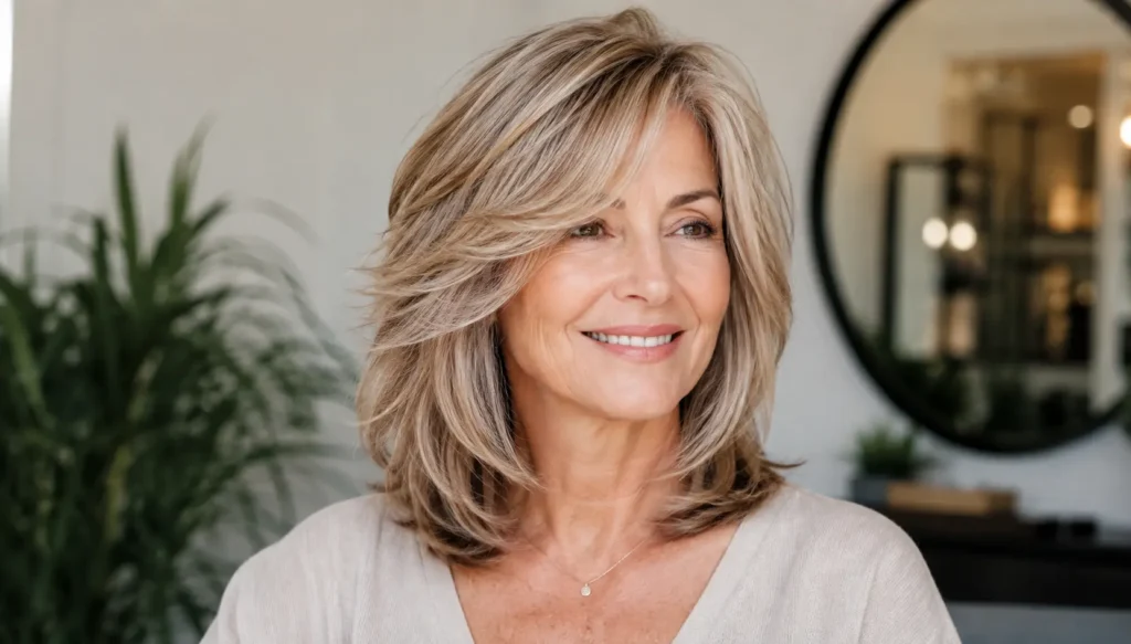 Layered Hairstyles for Women Over 50 with Thin Hair featuring a mature white woman with a soft, voluminous layered haircut and face-framing layers.