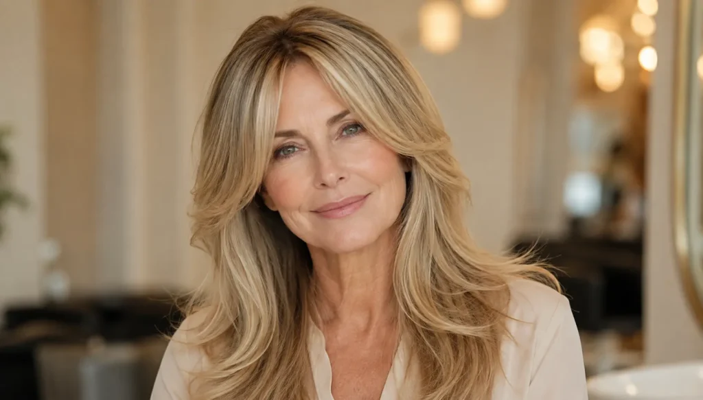 woman over 50 with fine long blonde hair styled in soft face-framing layers and loose waves, showcasing a flattering long hairstyle for fine hair against a warm, softly blurred indoor background.