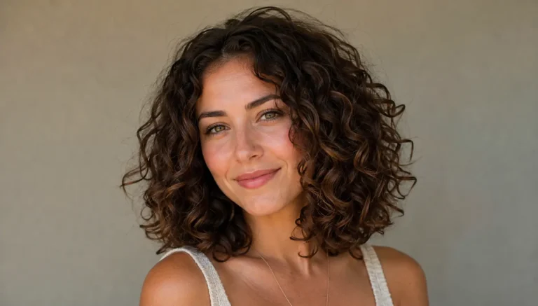 a woman with shoulder-length, voluminous dark brown curly hair, defined natural ringlets, and realistic hair texture, wearing a cream top against a soft neutral background.