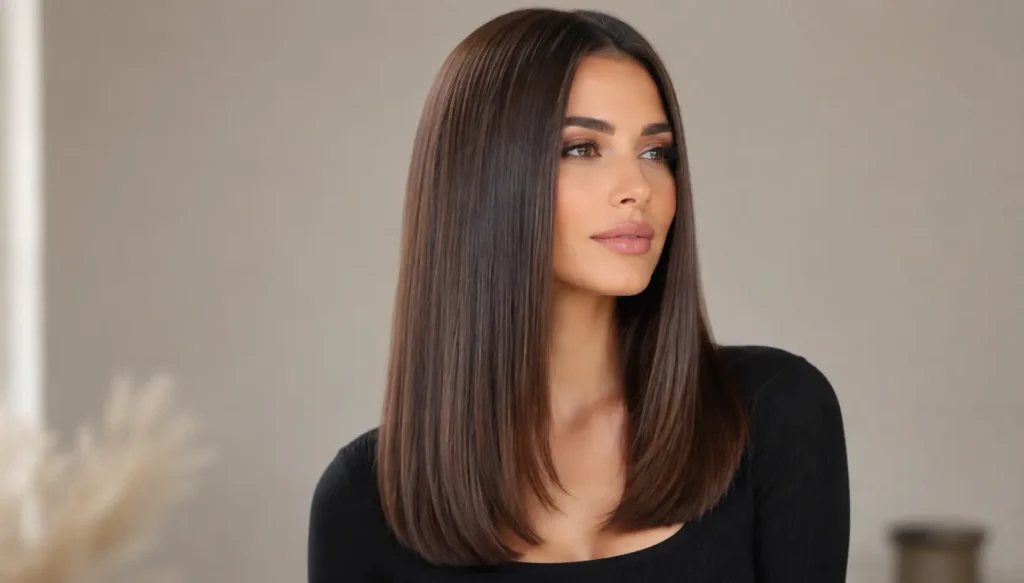woman with sleek, straight, center-parted dark brown hair styled with smooth, healthy-looking lengths and softly curved ends, photographed against a neutral beige background.