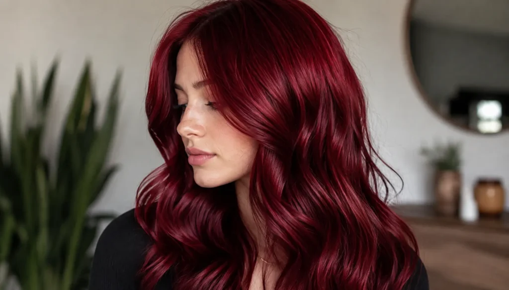 Cherry red hair color with long, glossy burgundy-red waves framing a woman’s face.
