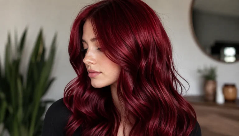 Cherry red hair color with long, glossy burgundy-red waves framing a woman’s face.