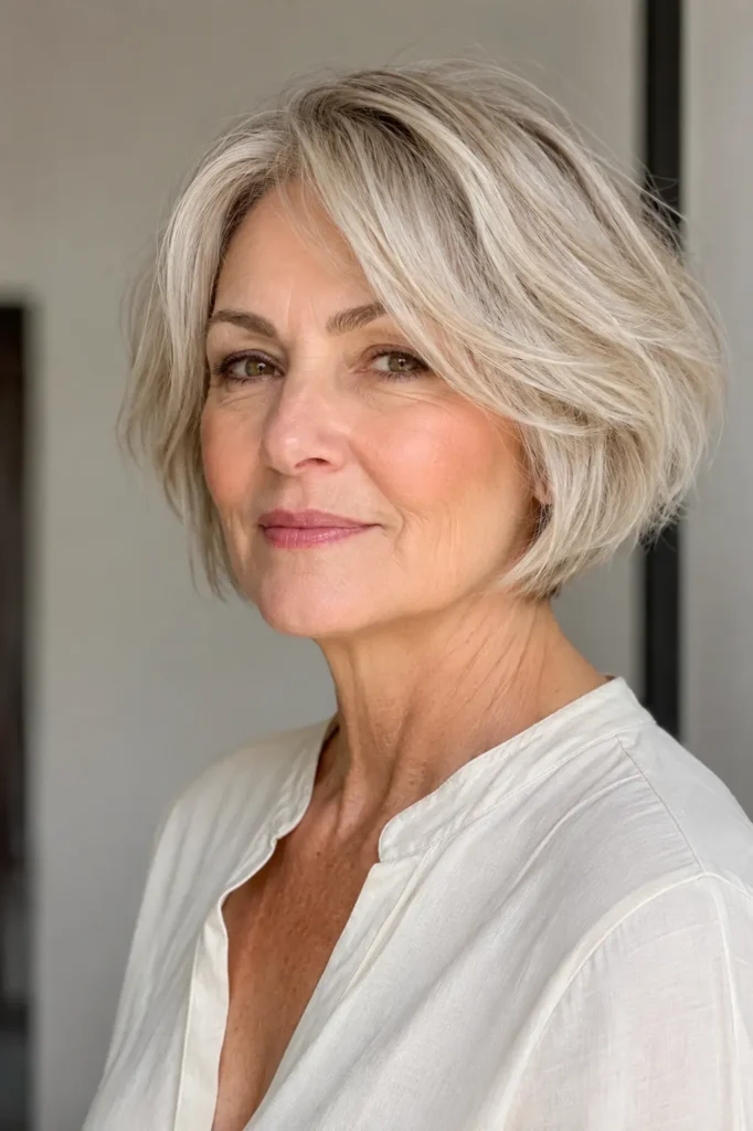Photorealistic mature white woman with an airy layered French bob for thin hair, jaw-length cut with soft textured ends and natural volume.