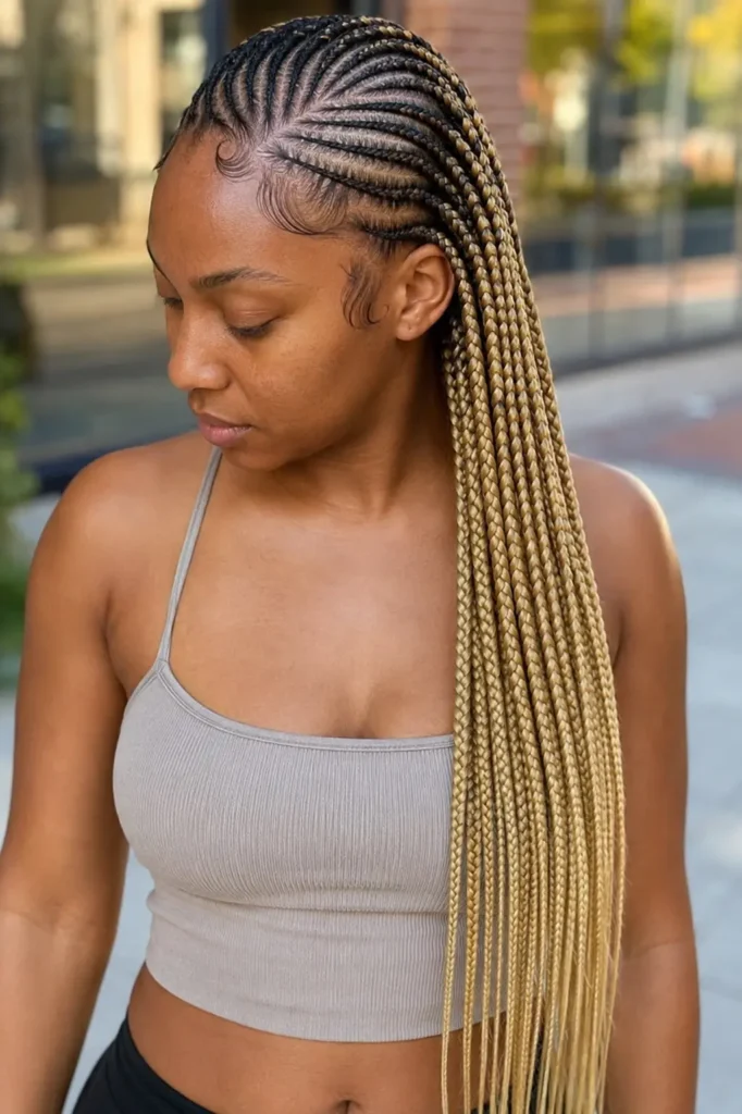 Black woman with blonde ombre lemonade braids featuring sleek feed-in cornrows, dark roots fading into honey blonde lengths, laid edges, wearing a crop top outdoors in natural light with a softly blurred urban background.