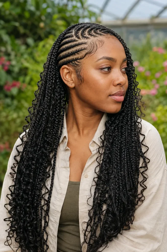 Black woman wearing bohemian lemonade braids with sleek side-swept feed-in cornrows and loose curly strands, styled with laid baby hairs, photographed outdoors in a softly blurred botanical garden with a western shirt