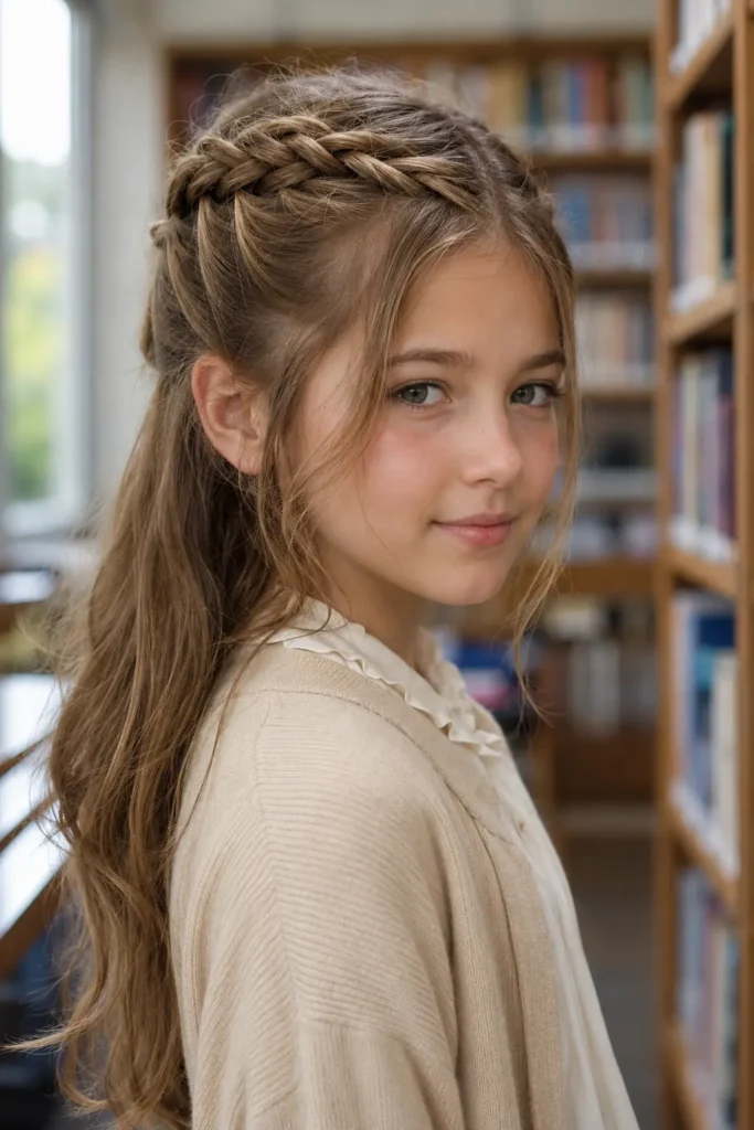 white girl with a delicate braided crown hairstyle, featuring two neat braids wrapped around the crown and long natural hair flowing softly, wearing a cream blouse and light cardigan in a softly blurred school library with warm natural window light.