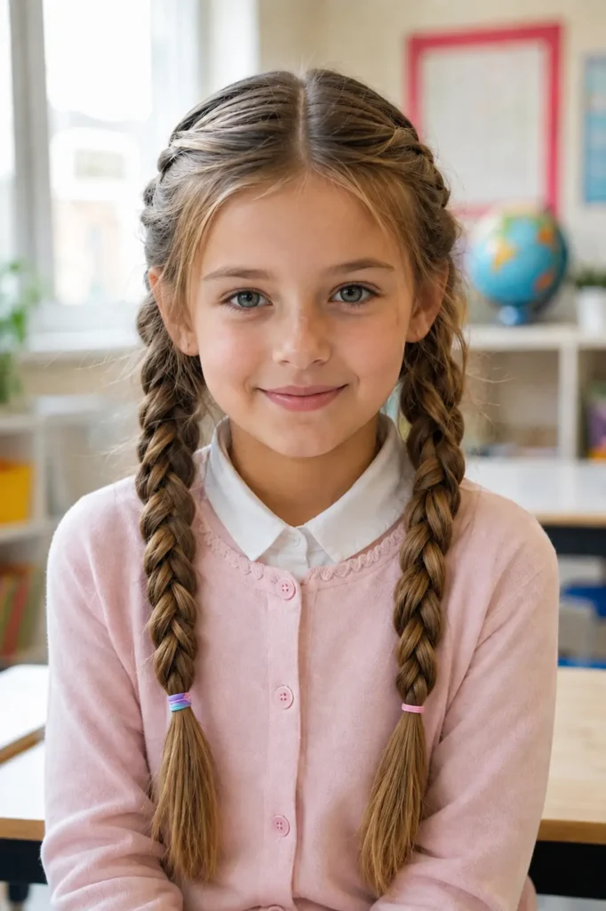 young girl with neatly braided pigtails and a clean center part, each braid secured with a single pastel elastic, wearing a pale pink school cardigan in a softly blurred classroom with natural window light.