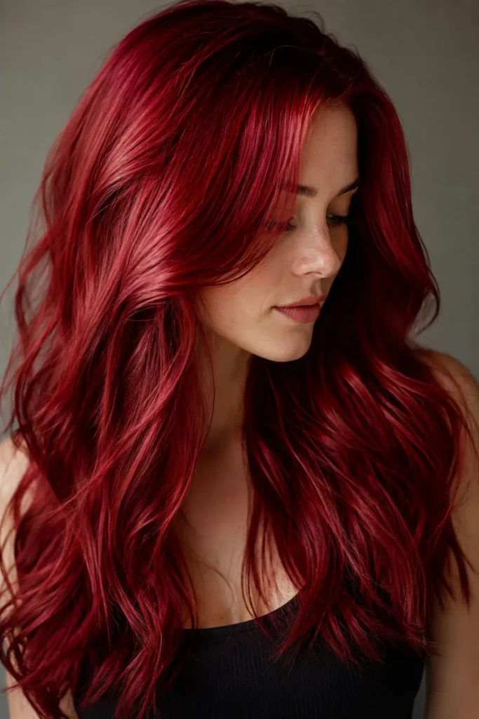 an adult white woman with vibrant bright cherry red hair in long, glossy waves. Her bold ruby and crimson hair color has a high-shine salon finish, framing realistic facial features against a neutral background, with the hairstyle and vivid color as the main focus.