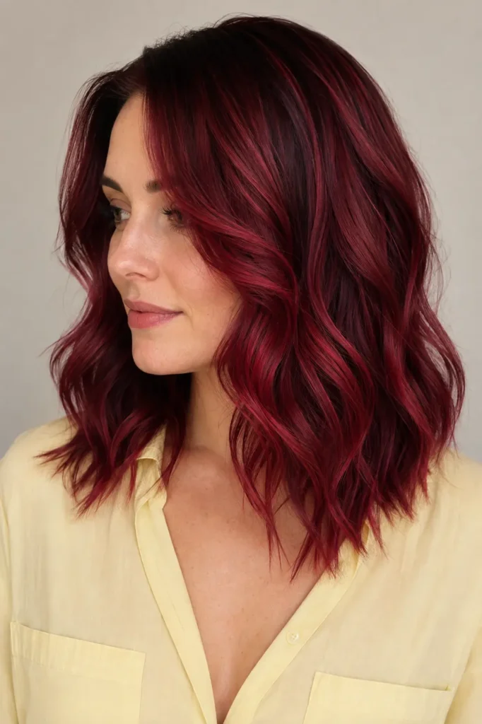 white woman with shoulder-length burgundy cherry red hair styled in soft glamorous waves, featuring rich wine, ruby, berry, and cherry-red tones with a glossy salon finish, wearing a light lemon shirt against a neutral studio background.