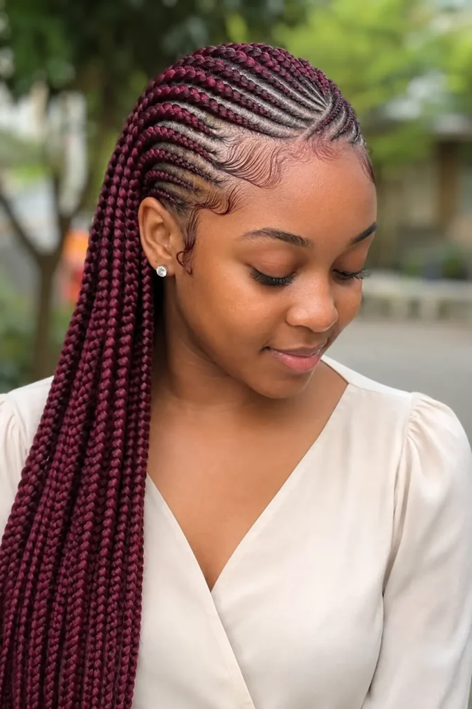 Long burgundy lemonade braids with sleek side-swept feed-in cornrows on a real Black woman, photographed outdoors with the hairstyle in sharp focus.
