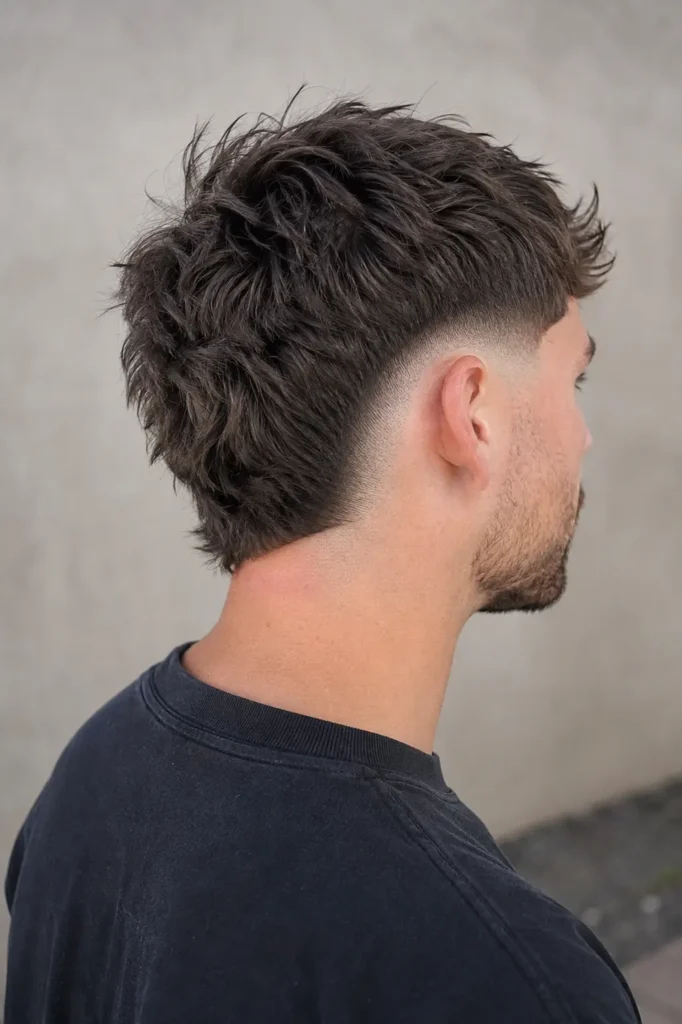 man in his late 20s with a distinctive burst fade haircut, showing the curved fade around the ear and textured longer hair on top and behind the ear, viewed from the rear side.