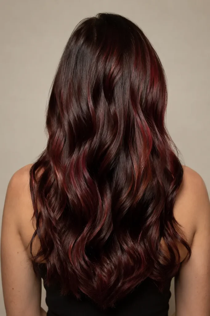Back view of a white woman with medium-length cherry cola hair featuring a rich chocolate brunette base, glossy cherry-red and burgundy undertones, and soft voluminous waves.