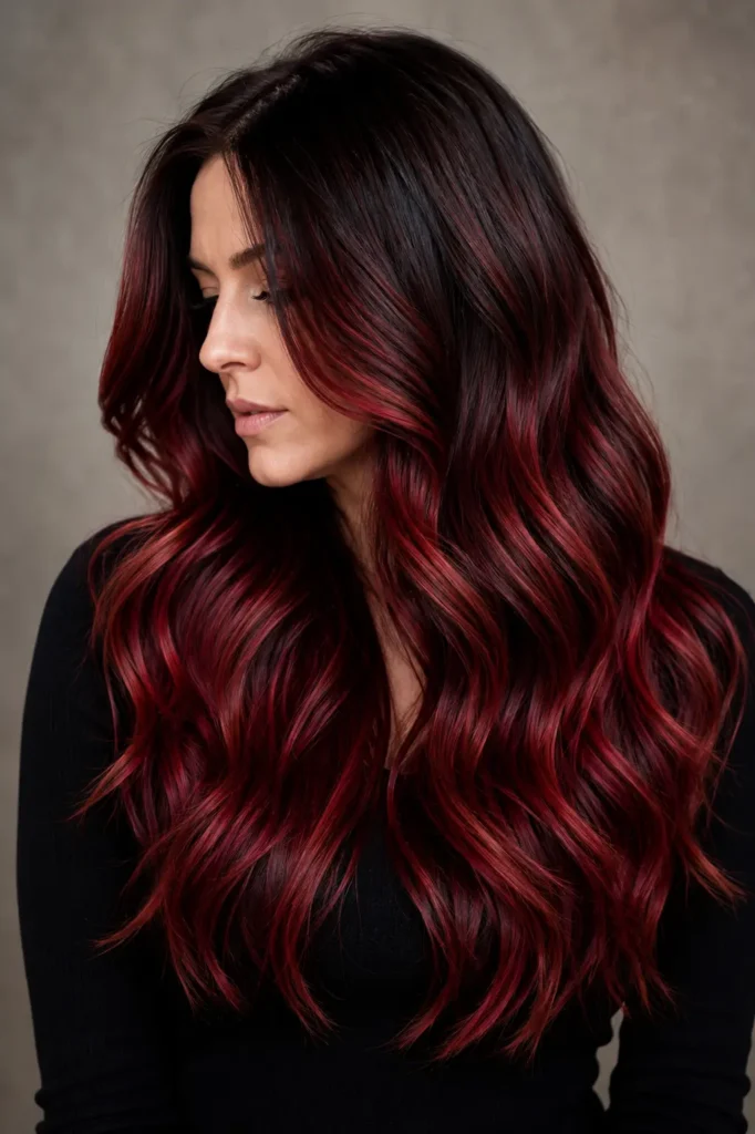 white woman with long layered wavy hair featuring dimensional cherry red balayage, blending deep brunette roots into rich burgundy, ruby, and vibrant cherry-red tones
