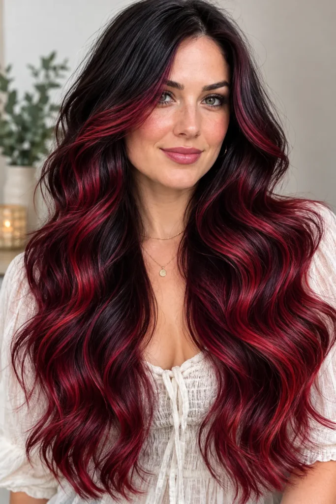 a white woman with long black wavy hair featuring rich cherry red balayage, blending into glossy ruby and burgundy tones against a soft neutral background.