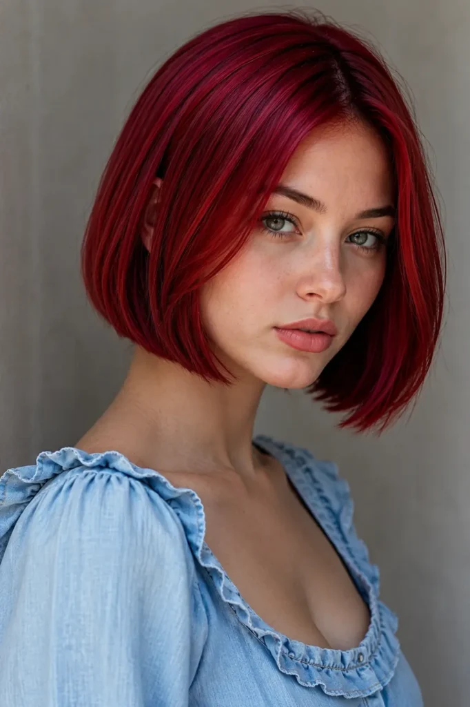 white woman with a sleek chin-length cherry red bob haircut featuring vivid ruby-red tones and subtle darker cherry dimension.