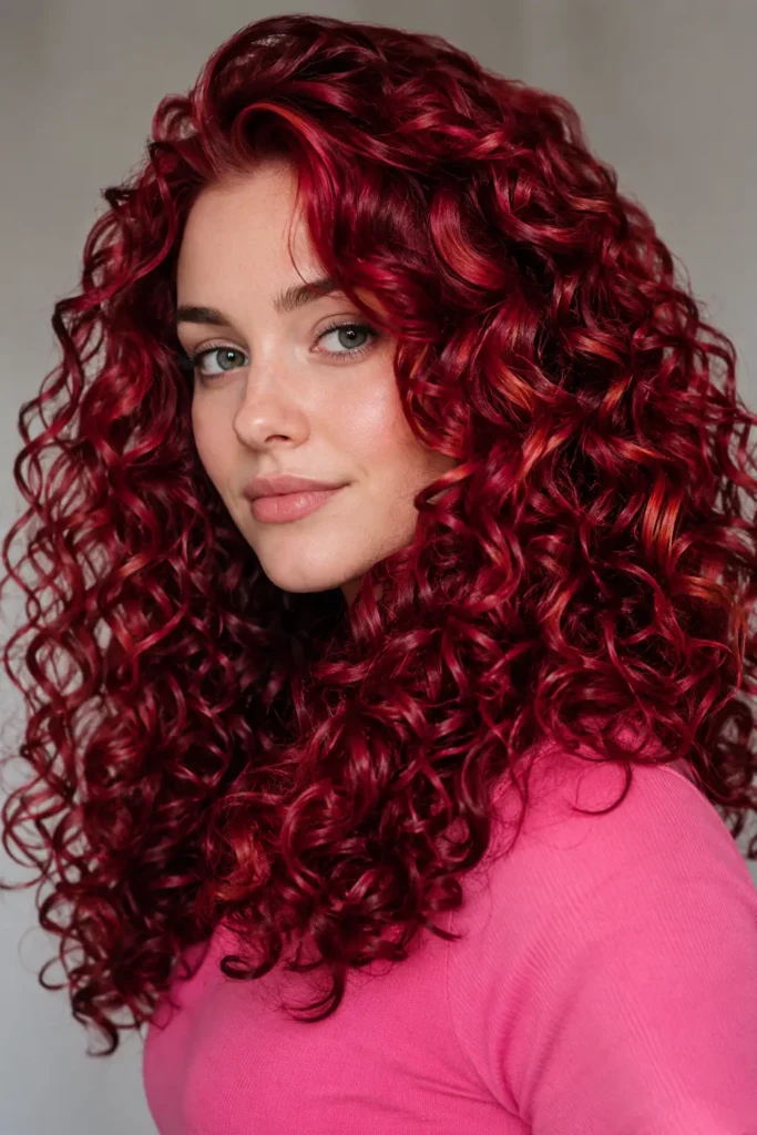 a 22-year-old white woman with voluminous curly cherry red hair featuring glossy ruby, crimson, and burgundy tones. Her defined natural curls are professionally styled with a hydrated, dimensional finish