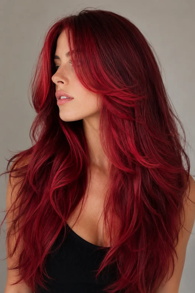 Long layered cherry red hair with bright ruby-red face-framing pieces and soft waves on a woman.