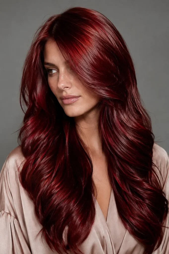 Glossy cherry red waves with rich ruby and crimson reflections on a woman in a light beige blouse.