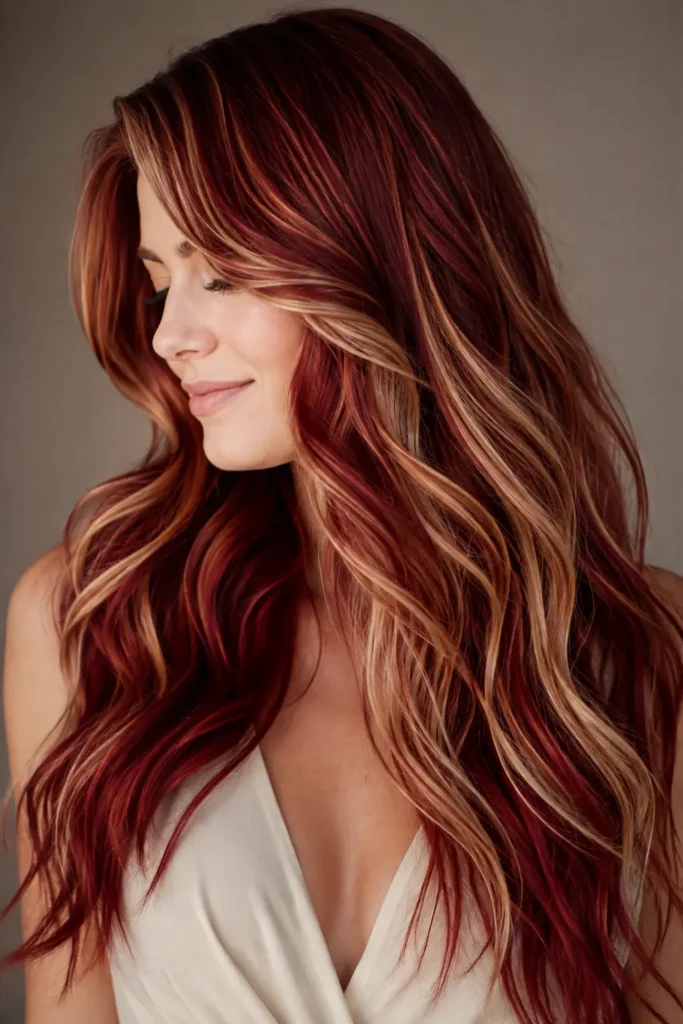Long cherry red hair with elegant blonde highlights in soft glossy waves, shown on a white woman wearing a light cream top against a neutral studio background.