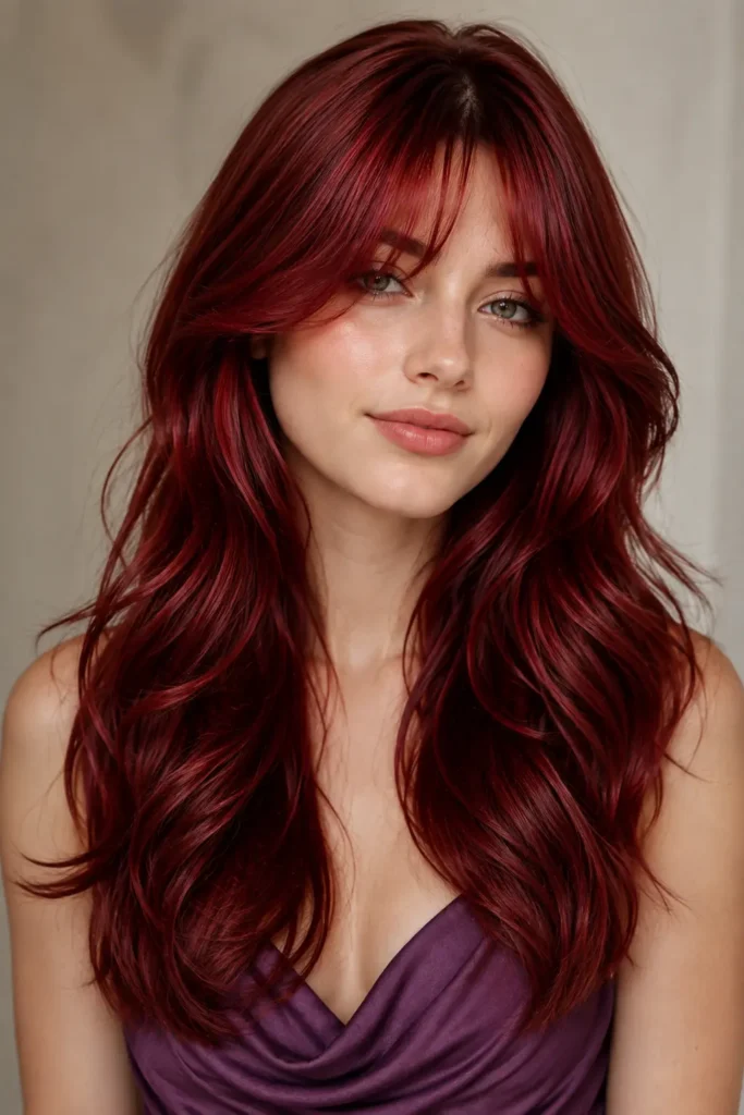 a 21-year-old white woman with long cherry red layered hair, soft curtain bangs, and a purple dress against a neutral studio background.