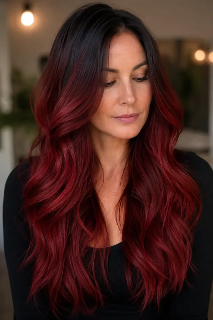 white woman with long cherry red hair featuring a soft dark root transition, blending deep brunette roots into glossy ruby-red waves with a smooth, dimensional salon finish against a neutral background.