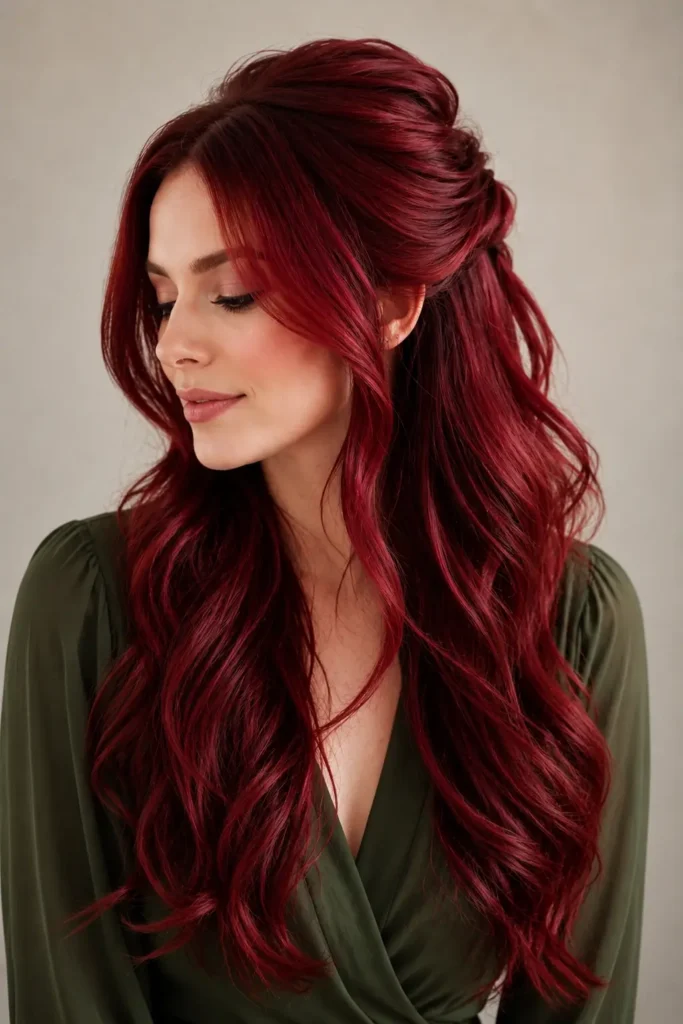 Long cherry red wavy hair styled in an elegant half-up hairstyle, paired with a deep olive-green dress.