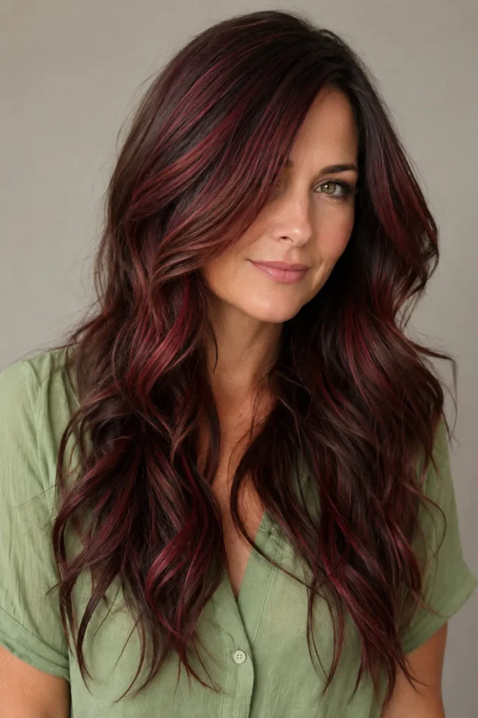 an adult white woman with long brunette hair featuring elegant cherry red highlights, a rich brown base with ruby and crimson ribbons, and soft flowing waves. She wears a sage green summer shirt