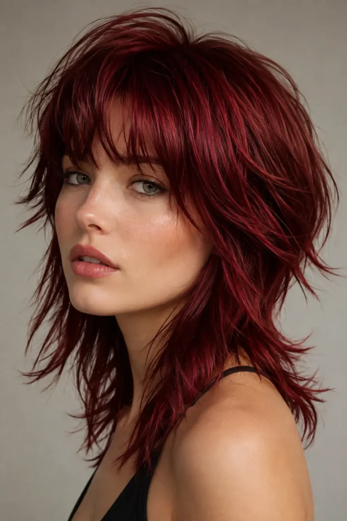 Cherry red wolf cut with layered, feathered ends and burgundy dimension on a woman.