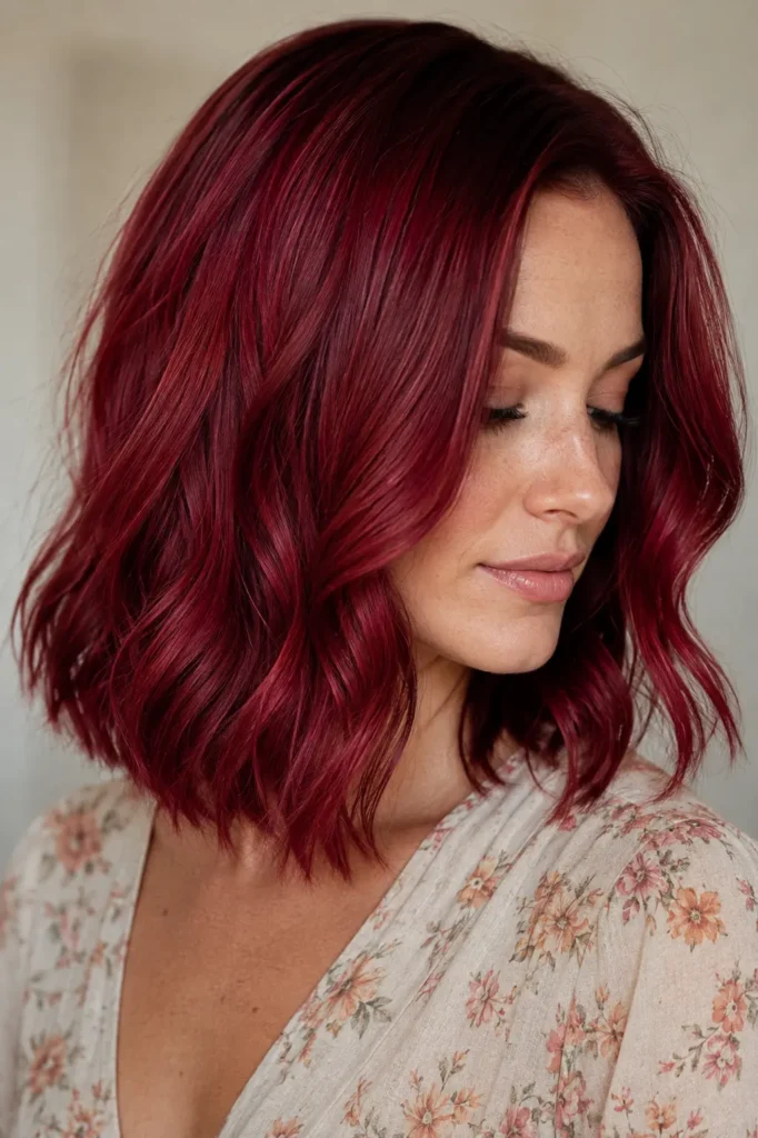 a white woman with a shoulder-length cherry red lob featuring soft waves, glossy ruby-red hair with subtle burgundy dimension, wearing a light floral blouse against a neutral studio background.