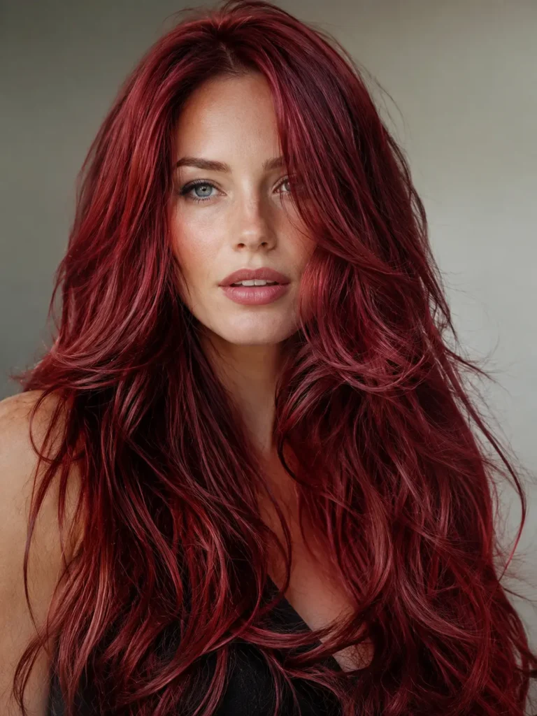 a 26-year-old white woman with extremely long layered cherry red hair in rich ruby, crimson, and burgundy tones. Her voluminous glossy waves frame her realistic features against a soft neutral background,