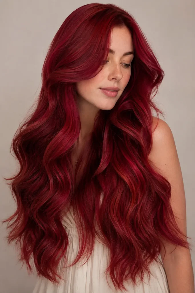 White woman with extremely long cherry red mermaid waves in rich ruby, crimson, and burgundy tones, wearing a cream outfit against a neutral background.

